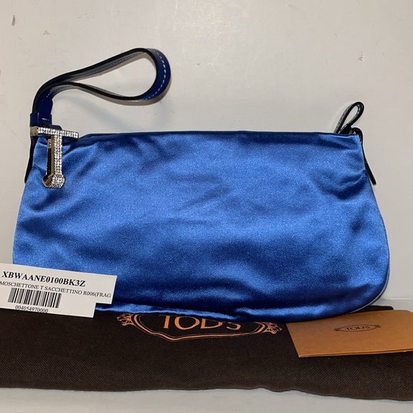 NWT Tod’s ‘Moschettone’ Royal Blue Satin Crystal “T” Embellished Wrist Clutch